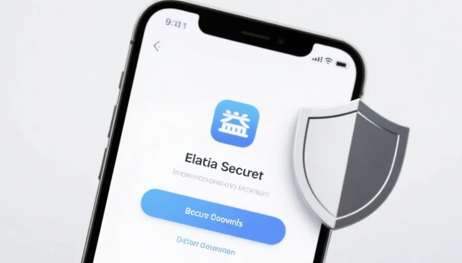 一部现代智能手机屏幕上显示乐冠应用的安全下载界面，旁边有安全盾牌图标，背景简洁