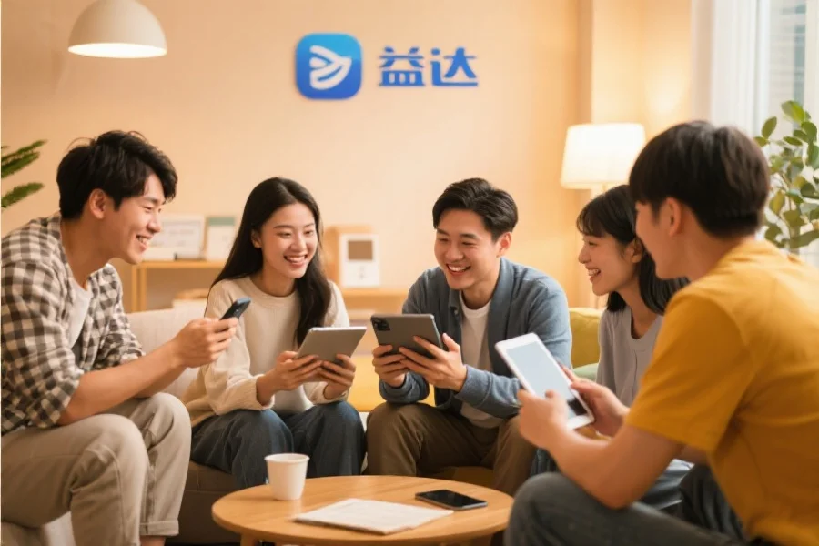 一群年轻用户围坐在一起，使用平板和手机愉快地交流，背景温馨现代，象征乐冠应用的社区活跃氛围